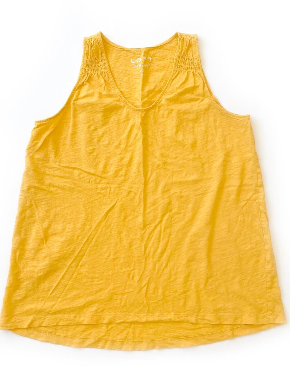 LOFT Vintage Soft Yellow 100% Cotton V-Neck Tank Top Smocked Shoulder Small